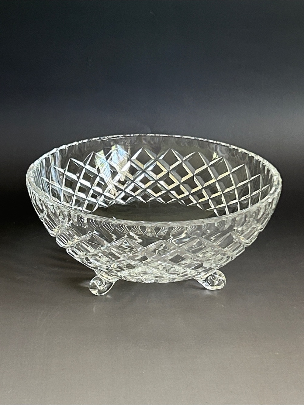 Vintage Kusak Hand Cut Crystal Three-Footed Bowl with Diamond Cut Pattern